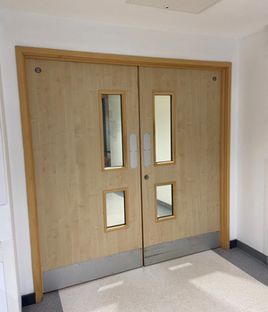 Double door wired glass door in a hospital