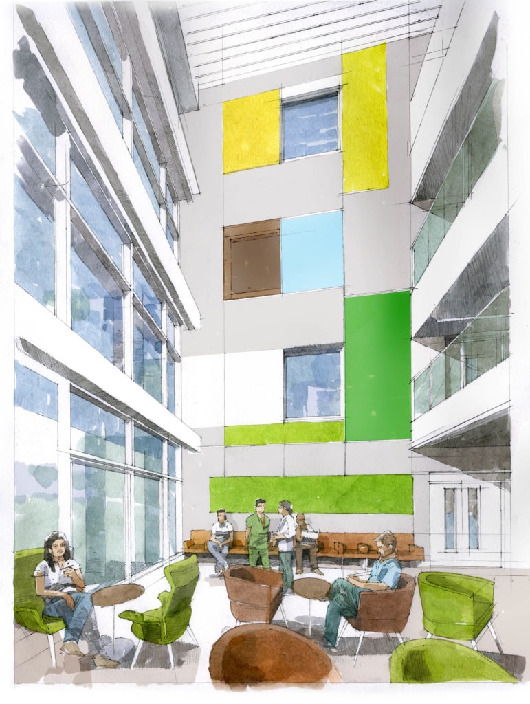 A contemporary oak bench will provide a seating area for patients and visitors