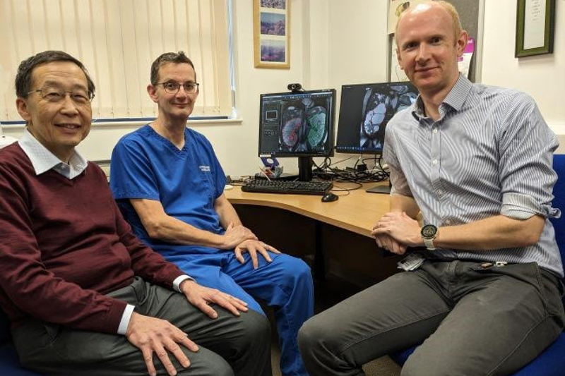 Photo: (L-R):
Consultant Nephrologist and Clinical Lead for Genetics Professor Albert Ong, Principal Clinical Scientist
 Dr Jonathan Taylor and MRI Radiographer Richard Thomas with images the AI program is automatically able to assess