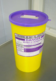The double wrapped and sterilised sharps bins have needle and vacutainer removers on the lids