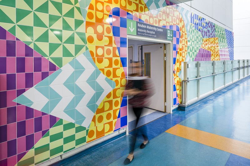 Ceramic installation commissioned by CW+ at Chelsea and Westminster Hospital, by Adam Nathaniel Furman. Image courtesy of Gareth Gardner