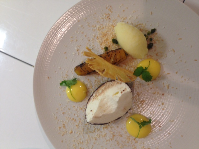 All diners will end with a dessert of coconut parfait with pineapple sorbet, roasted pineapple, maple, toasted coconut, lime curd, and meringue nibs