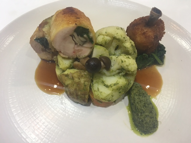 The meat main is chicken ballotine and crispy chicken lollipop
