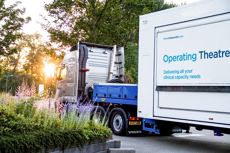 The new mobile surgical facility is delivered to Glenfield Hospital