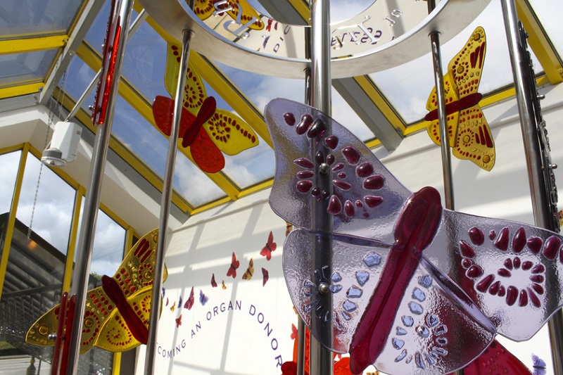 Organ donation artworks both encourage people to donate organs and recognise those who have donated. This image is of The Atrium of Butterflies at Winchester and Basingstoke by Hospital Art Studio
