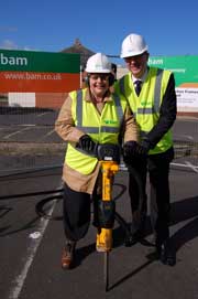 Musgrove Park Hospital chairman, Rosalinde Wyke, and BAM Construction\'s Steve Tapson perform the ground breaking ceremony