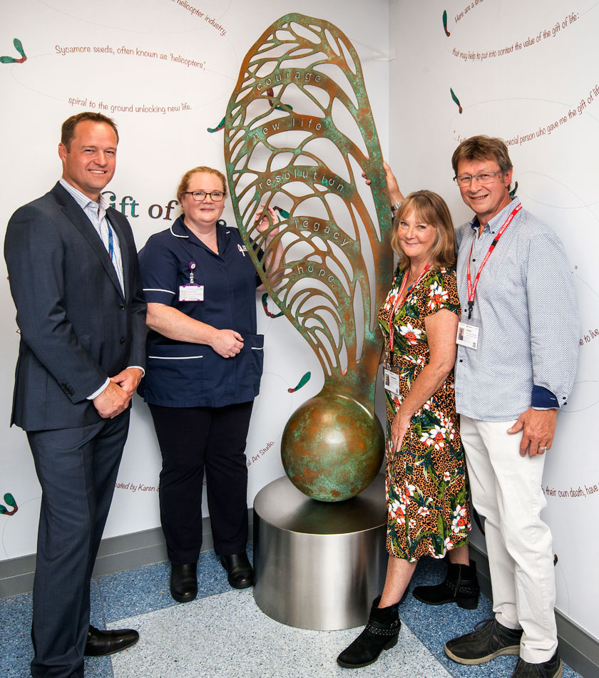 Clinical lead for organ donation, Joe Tyrrell, and specialist nurse, Helen Rose, are pictured with the artists