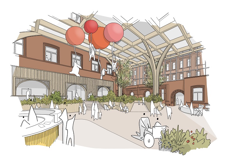 Radical transformation of the hospital will create a striking glass facade and arrival space which enhances the original features in a courtyard setting