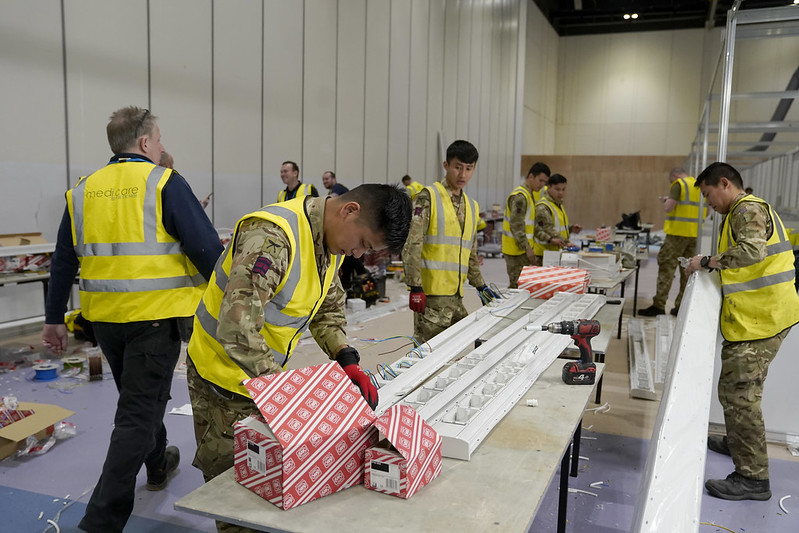 The centres are being transformed with the help of the Armed Forces and trade contractors. Downing Street has revealed the first photographs from inside the new Nightingale Hospital, due to open later this week at the ExCeL Conference Centre in east London. Picture by Andrew Parsons/No 10 Downing Street Credit : Picture by Andrew Parsons/No 10 Downing Street