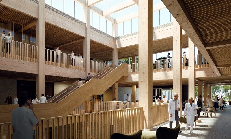 The centrepiece of the project is the Lolfa, a flexible space for meeting, waiting, conversation, and
access to all the hospital departments
